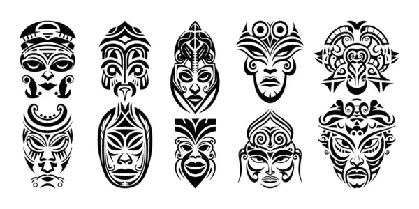 Geleneksel insan yüzlü maskeler - siyah beyaz kabile sembolü, halk sanatı