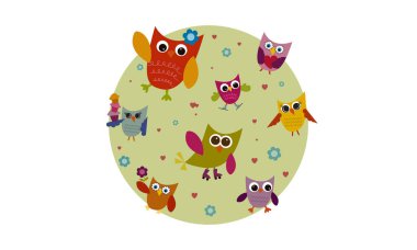 vector illustration of cheerful owls and flowers clipart