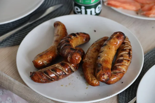 Six Grilled Sausages Plate Ready Eaten — Stock Photo, Image