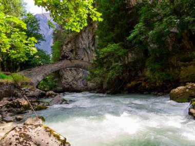 Kuzey İtalya, Aosta Vadisi, Saint-Didier 'deki Dorea Baltea Nehri üzerindeki köprünün manzarası