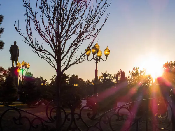 stock image View of Islam Karimov's Statue at sunrise. In Samarkand, Uzbekistan