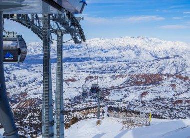 Chimgan, Uzbekistan - January 27, 2024: View of the Amirsoy Cable Car on the Chimgan Mountains. clipart