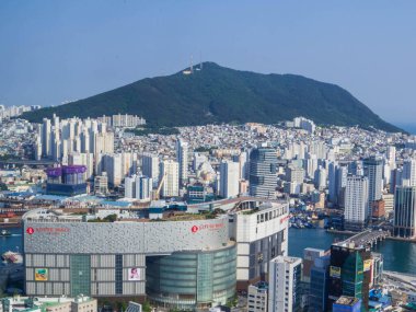 Busan, South Korea - May 9, 2024: City aerial view from the famous Diamond Tower, also know simply as Busan Tower.
