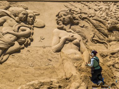 Busan, South Korea - May 9, 2024: View of the Busan Sand Art Festival on Haeundae Beach.