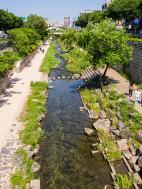Seoul, South Korea - May 13, 2024: View of the Cheonggyecheon stream in the downtown.