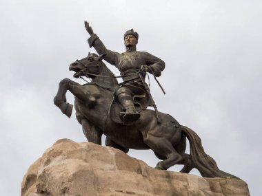 View of the Equestrian statue of Damdin Sukhbaatar in Sukhbaatar sqaure. In Ulaanbaatar, Mongolia