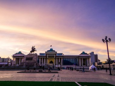 Ulaanbaatar, Mongolia - May 24, 2024: View of Sukhbaatar square and the Parliament of Mongolia at sunset.