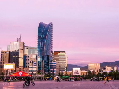 Ulaanbaatar, Mongolia - May 24, 2024: View of Sukhbaatar square and The Blue Sky Hotel.