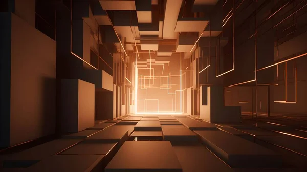 3D Rendering of a Futuristic Room with Glowing Lines Illuminating the Walls