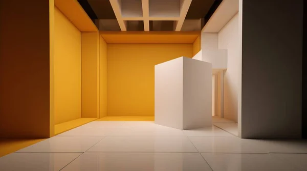 3D Rendered White and Yellow Room with Rectangular Prism Object
