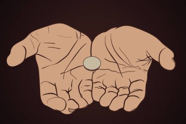 Tek kuruşluk parası olan iki avuç içi para. İnsanlar için para sıkıntısı yok.