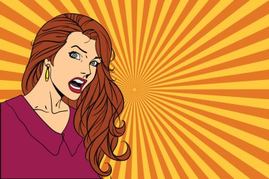 Pop art retro çizgi roman genç güzel kız bağırıyor, bağırıyor ya da anons ediyor
