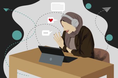 Tesettürlü genç bir Müslüman kadın el sallıyor ve gülümsüyor. Düz vektör illüstrasyonu denilen çevrimiçi bir video çekiyor.