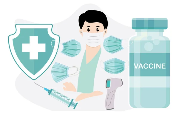 Doctor Mask Vaccine Bottle Masks Injection Syringe Thermometer Medical Shield — Stock Vector