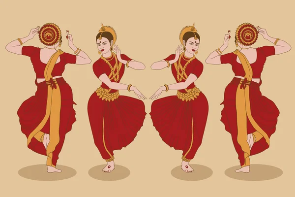 伝統的なドレスと伝統的な文化的なダンスのポーズでインドの女性フロントビューバックビューの手描きベクトルイラスト — ストックベクタ