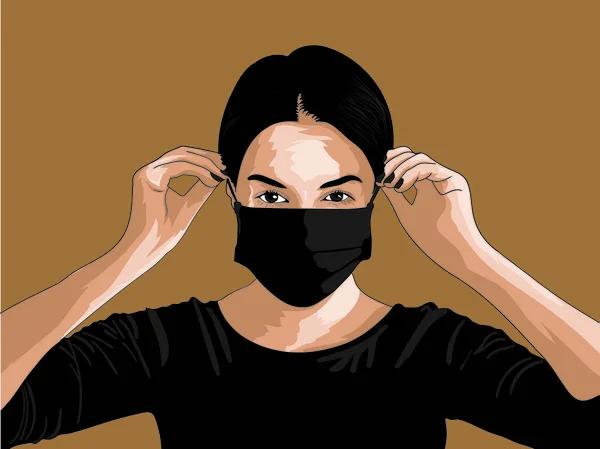 Fictional Young Girl Wearing Triple Layered Mask Avoid Covid19 Corona — Stock Vector