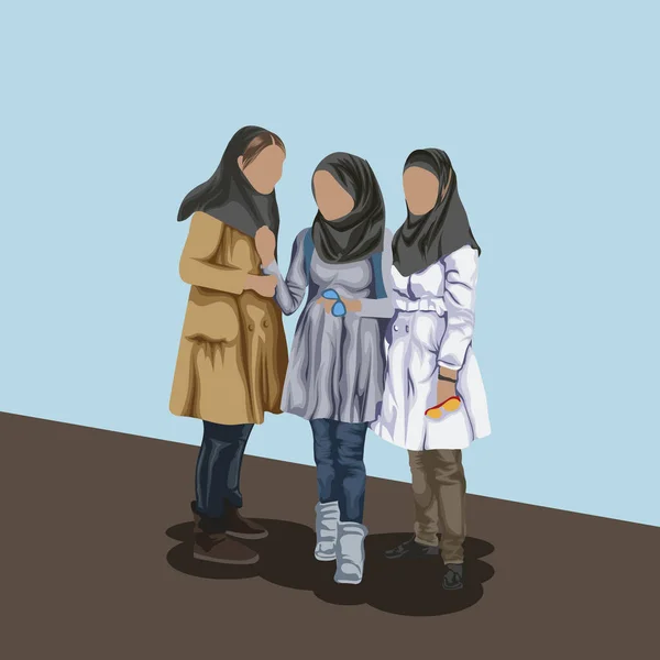 Drei Junge Muslimische Iranische Mädchen Hijab Und Modernem Kleid Reden — Stockvektor