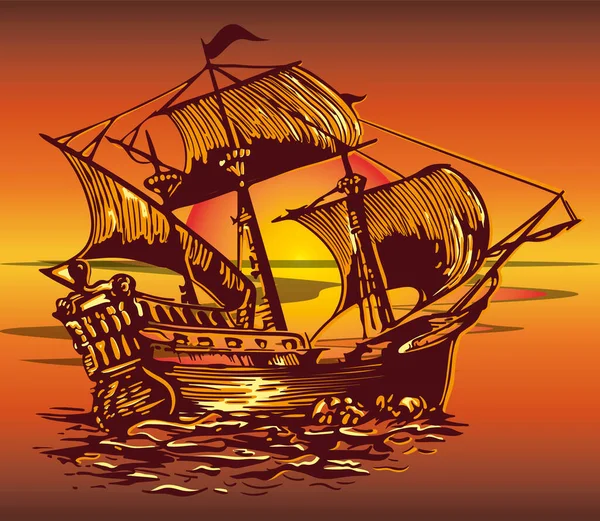 Piracki Statek Środku Morza Zachodzie Słońca Vintage Wektor Ilustracja — Wektor stockowy