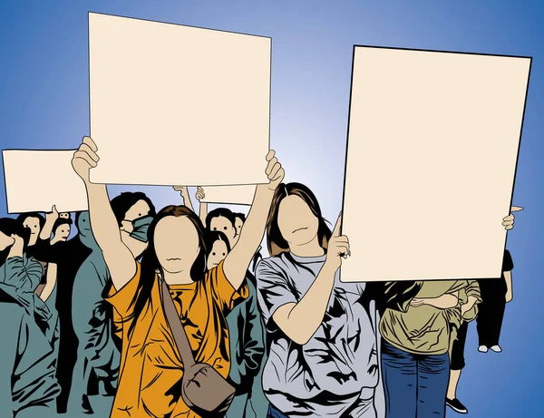Crowd of people women with blank banners protesting striking revolution vector cartoon illustration