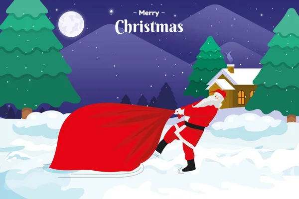 Père Noël Traîne Énorme Sac Rempli Cadeaux Noël Sur Neige — Image vectorielle