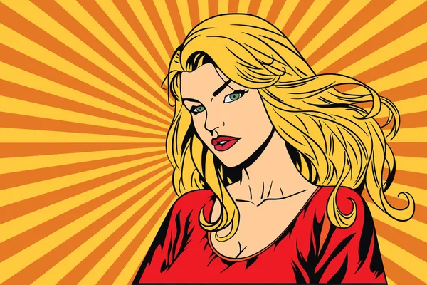 Pop Art Retro Comic Book Young Beautiful Blonde Lady Red — Stock Vector