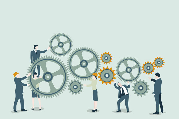 Corporate business illustration of team leader, executives and worker working together as a team vector art