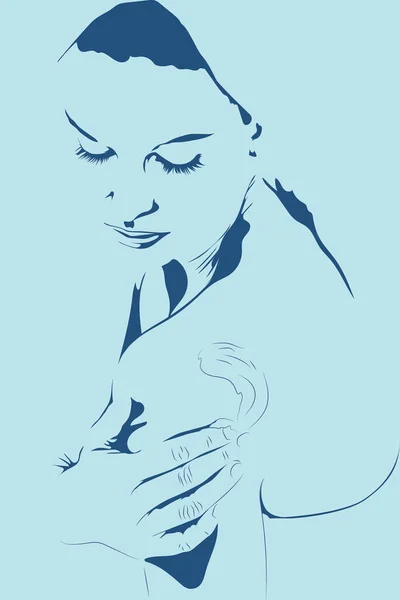 ボディローション手描きベクトルイラストを適用したバスローブを身に着けている女性の負の空間イラスト — ストックベクタ
