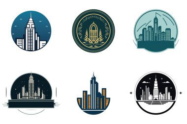 Bu büyüleyici vektör logoları ile güçlü bir emlak markası oluşturun. İlerleme ve yatırımı simgeleyen gökdelenler ve binaların yer aldığı