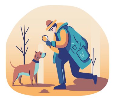 Büyüteç ve sadık köpeğinin yardımıyla ormanı keşfeden bir erkek dedektifin vektör illüstrasyonuyla heyecan verici bir soruşturma dünyasına adım atın..