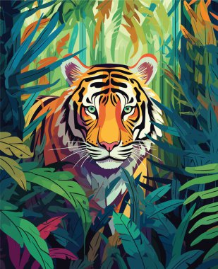 Embark on an exciting journey with this kid-style vector poster illustration, featuring a royal Bengal tiger in the Sundarbans jungle. clipart