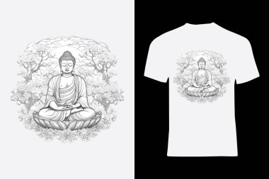 Bu tişört tasarımı ile sükunetin sükunetini keşfedin, Buda 'nın sofistike siyah beyaz çizgili bir bahçede oturduğunu gösterin..