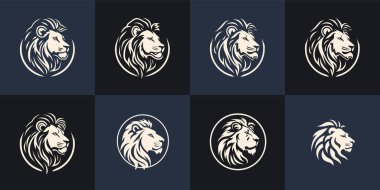 Aslan başı logolarının görkemli cazibesini keşfetmek için bu kalın çizgili sanat çizimleriyle, tek bir renk içinde el çizimi vektörler.
