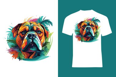 Bu canlı buldog çizimi ile gardırobunuza biraz renk katın, tropikal yeşillik arka planında, şık tişörtler için ideal..