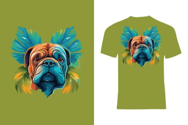 Bu canlı buldog çizimi ile gardırobunuza biraz renk katın, tropikal yeşillik arka planında, şık tişörtler için ideal..