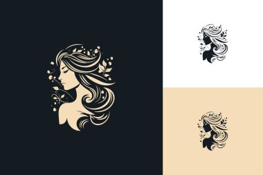 Kadın giyim markasına kıvırcık saçlar, çiçekler ve yapraklarla tamamlanmış bir kadının vesikalık fotoğrafını içeren bu vektör logo tasarımı ile doğal güzelliği aşılayın..