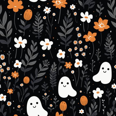 Siyah bir arkaplanda vektör deseni, hayaletler, bitkiler ve çiçekler gibi büyüleyici elementlerle büyüleyici bir görsel duvar halısı yaratıyor..