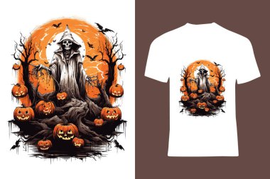 Kafatası, balkabağı, vampirler, yarasalar, vektör stili tişört dizaynı ile Cadılar Bayramı teması