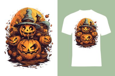 Kafatası, balkabağı, vampirler, yarasalar, vektör stili tişört dizaynı ile Cadılar Bayramı teması