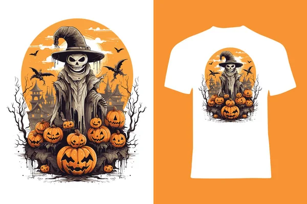 Tema Halloween Com Crânio Abóboras Vampiros Morcegos Design Shirt Estilo — Vetor de Stock