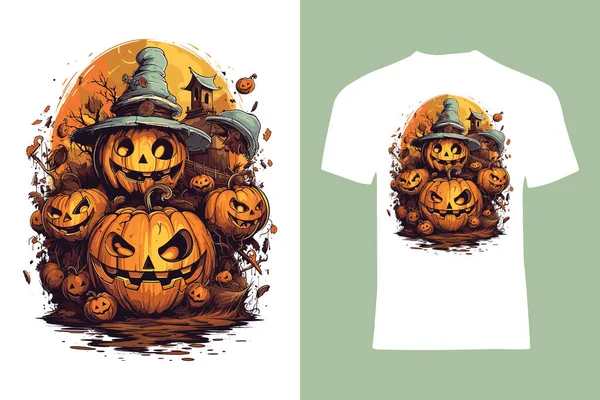 Kafatası, balkabağı, vampirler, yarasalar, vektör stili tişört dizaynı ile Cadılar Bayramı teması