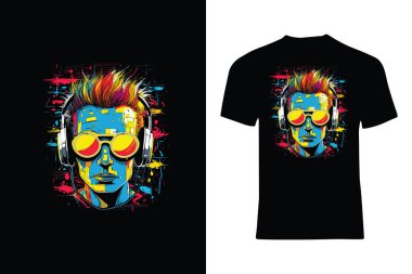 Abstract cartoon vector style t-shirt design with male head with headphones and strange facial expression clipart