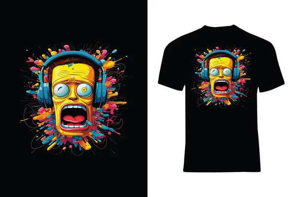 带耳机和奇怪面部表情的男头卡通矢量T恤衫设计 — 图库矢量图片