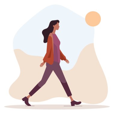Sağlıklı ve güçlü olmak için sabahları yürüyen fitness bilinci olan kadın basit minimalist vektör çizimi.