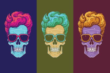 Bu vektör illüstrasyonunda bir tuhaflık hissi uyandırır. İskelet kafa, güneş gözlüğü ve ürpertici bir gülümseme ile süslenir, tasarımlarınız için hayaletvari bir dokunuş sunar..