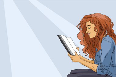 Sarı saçlı genç bir kadın, bilgelik yolculuğuna çıkmaya hazır, hafif bir gülümsemeyle bir kitap açar. Eğitim ve öğrenme kavramı.