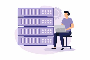 IT çözümlerinizi bu düz vektör illüstrasyonuyla gösterin, işletme bilişim yönetimi unsurları, büyük veri geliştirme ve iş süreci otomasyonu. Karmaşık yazılım çözümleri ve kullanıcı arayüzü kavramlarını görselleştirmek için mükemmel 