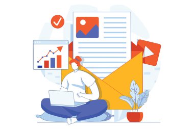 E-posta pazarlama stratejilerinizi, insanların e-posta kampanyalarıyla etkileşim kurduğu bu düz tasarım vektör çizimi ile görselleştirin. Dijital pazarlama, iş sunumları ve eğitim materyalleri için ideal olan bu vektör,