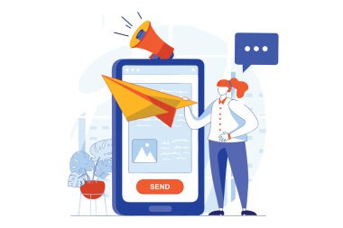 E-posta pazarlama stratejilerinizi, insanların e-posta kampanyalarıyla etkileşim kurduğu bu düz tasarım vektör çizimi ile görselleştirin. Dijital pazarlama, iş sunumları ve eğitim materyalleri için ideal olan bu vektör,