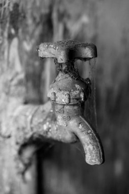 Eski bir açık hava metal su musluğunun siyah beyaz fotoğrafı, kırsal dokusunu ve zamansız tasarımını bulanık bir arka plana karşı sergiliyor, endüstriyel çürümeyi ve minimalist estetiği vurguluyor..