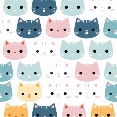 Sevimli, pürüzsüz desen canlı ve pastel renkli kedi yüzlerini kawaii tarzında gösteriyor. Çocuk tasarımları, tekstil ve eğlenceli yaratıcı projeler için mükemmel, günlük yaratılışlara neşeli ve eğlenceli titreşimler getiriyor..